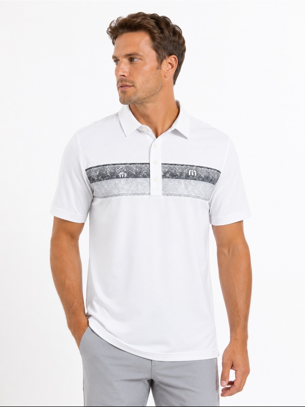 TravisMathew Men’s White Chest Stripe Performance Golf Polo L - Picture 2 of 11